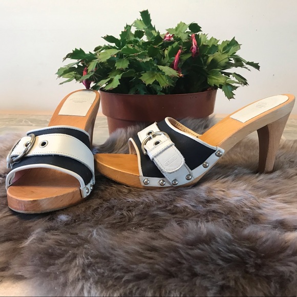 Coach Shoes - Coach Canvas And Leather Wooden Heel Sandals Sz. 7